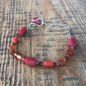 Coral and Gemstone Silver Bracelet in Red Tones